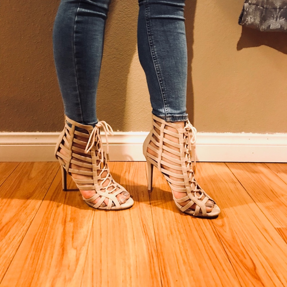 Lolashoetique Cream Lace-up Caged Heels